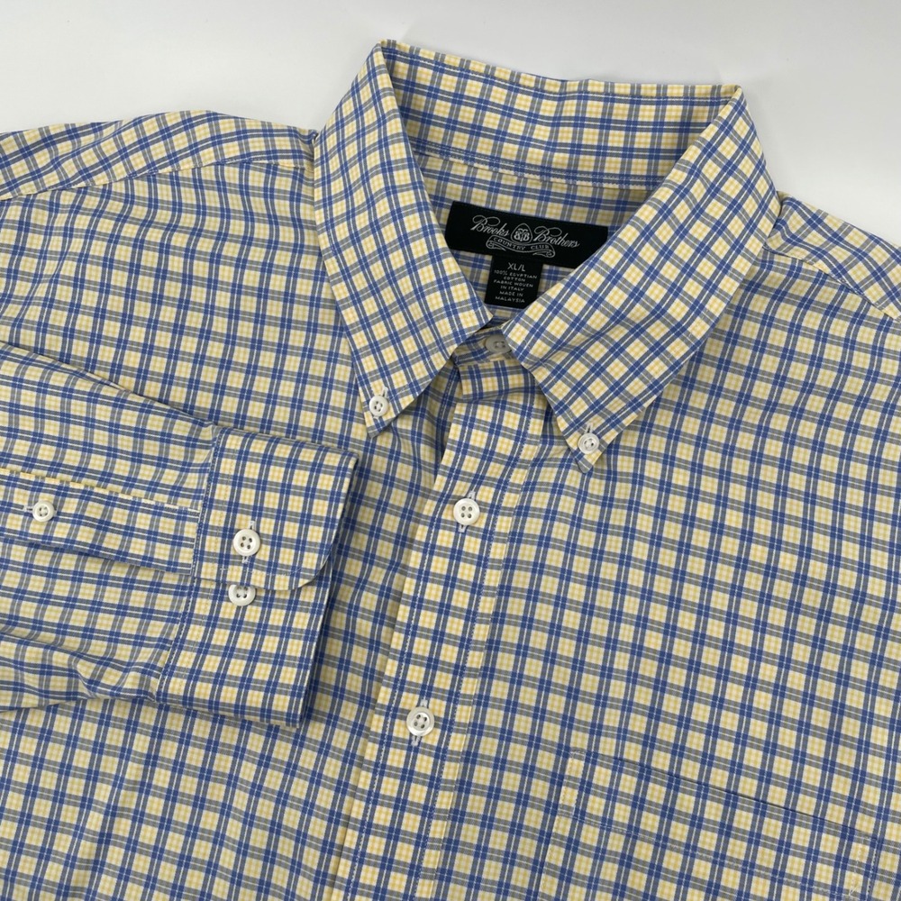 Brooks Brothers Button Down Mens XL Blue Yellow Plaid Egyptian Cotton Shirt